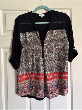 Anthro Black & Multi-Patterned Boho Blouse